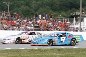 Barre's Nick Sweet (#88) and Graniteville's Chip Grenier (#9) will slug it out for the Vermont State Late Model Championship at Devil's Bowl Speedway on Sunday. (MemorEvents photo)