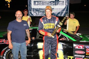 John Donahue celebrates his Thunder Road Late Model win on Casella Night. (Photo by Alan Ward)