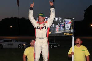 Barre’s Nick Sweet celebrates his VT Governor’s Cup 150 win in victory lane. (Photo by Alan Ward)