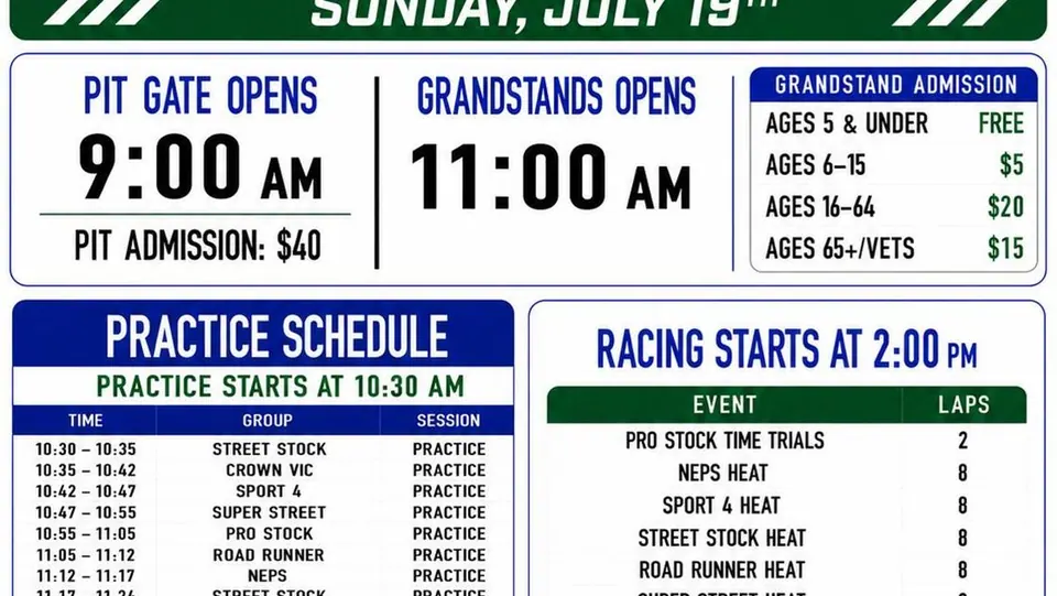 Event schedule for Sunday July 19th