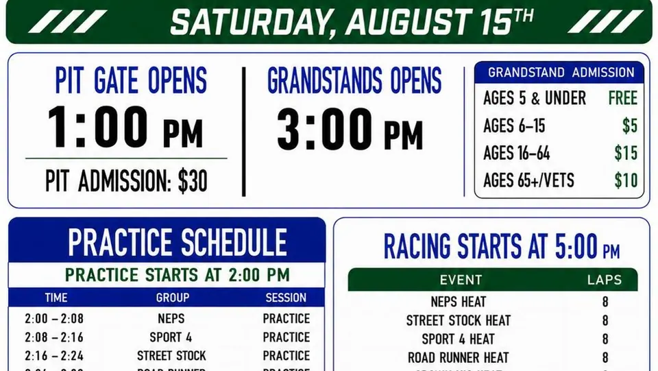 Event schedule for Saturday August 15th