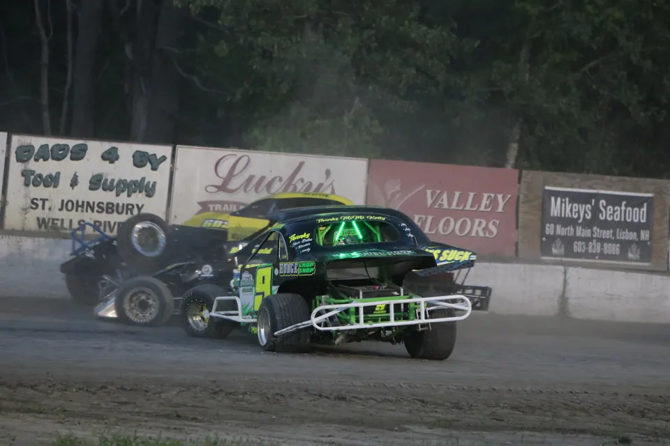 BRS_7-4_DIRTcar_sportsman_COupes_pile_up_Alexis_Pushee_Todd_Buckwold_and_Travis_