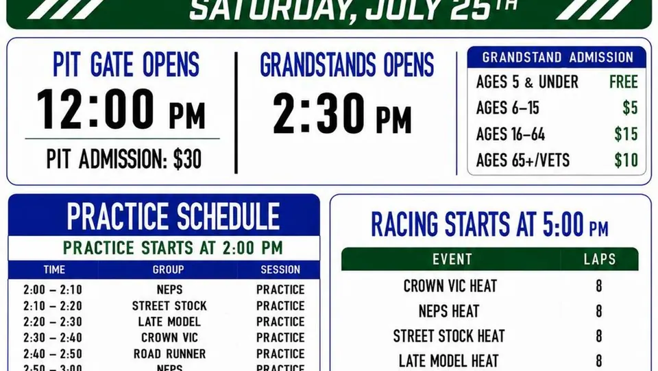 Event Schedule for Saturday July 25th at BHBT Speedway