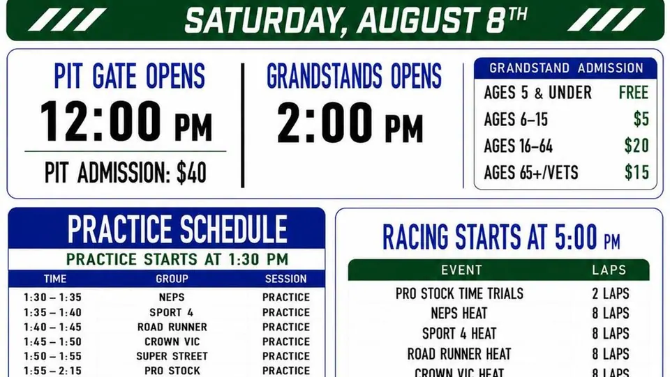 BHBT Speedway Event Schedule for August 8th
